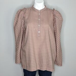 ✨3/$15  J Crew pink blue plaid ruffle long sleeve button up M